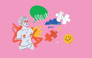 A surreal illustration with a stylized classical statue surrounded by abstract figures, puzzle pieces and a speech bubble. A playful, bold, provocative composition. vector
