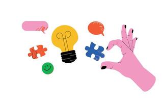 A hand reaching for a piece of the puzzle, surrounded by a light bulb, speech bubbles. The concept of creativity, ideas and problem solving. vector