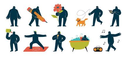 A set of playful rounded characters engaged in various activities. Hand-drawn monsters in various poses and interact with various objects. vector