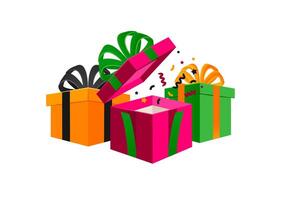 Three Festive Gift Boxes with Bows, One Open Box with Confetti vector