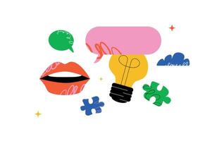 A playful illustration with lips, a light bulb, speech bubbles and puzzle pieces. A bold composition for the design of presentations, social media posts and infographics. vector