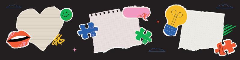 A set of torn sheets of paper for making a notice and memo, decorated with bright doodle elements, puzzles, lips, emojis and a light bulb. Collage design elements. vector