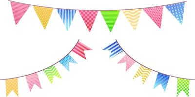 A illustration of two sets of colorful festive bunting flags garland with different patterns, including stripes, polka dots, and checkered designs vector