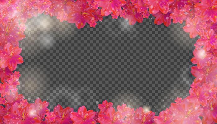 illustration of a cherry blossom floral frame with pink petals swirling in the air. Stock illustration. Checkered background, glowing soft lights, and a dreamy atmosphere