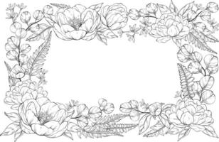 A detailed line art floral illustration of a square frame adorned with lush delicate peonies, small flowers, and eucalyptus leaves, elegantly arranged with fern accents, set on white background vector