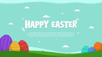 Happy Easter greeting template horizontal background with colorful eggs and meadow vector
