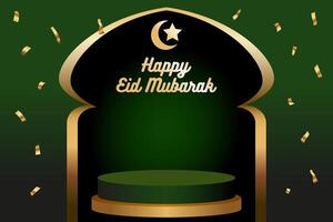 Luxurious Happy Eid Mubarak stage podium with confetti on gradient green background vector