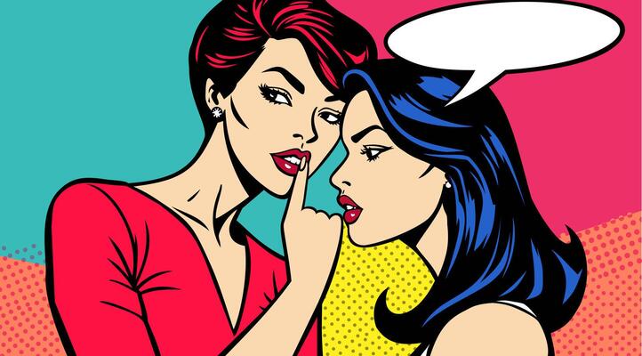 Pop art poster. Gossip. Whispering women. Rumor concept. Retro vibrant illustration