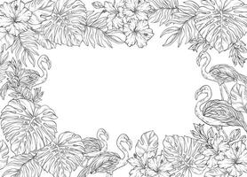 Line art square frame adorned with pink flamingo and tropical palm leaves and flowers vector