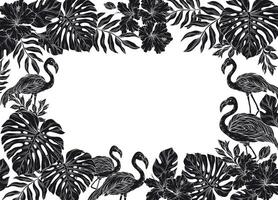 silhouette square frame adorned with pink flamingo and tropical palm leaves and flowers vector
