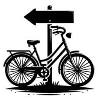 A bicycle is parked next to a sign with an arrow pointing in the direction of the road vector