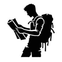 A silhouette of a man with a backpack reading a map vector