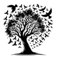 A black and white tree with birds flying around it vector