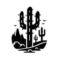 A black and white silhouette of a cactus with birds flying around it vector