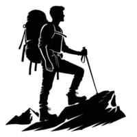 Silhouette of a man with a backpack and trekking poles vector