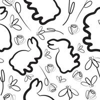 seamless pattern with simple icons of rabbits that wash with buds of various flowers in line art style arranged randomly, for logos or holiday designs vector