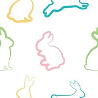 seamless pattern with a set of rabbits in various poses drawn in different colors in line art style, for logos and holiday designs vector