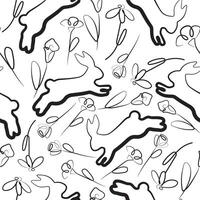 seamless pattern with simple icons of a rabbit in the moment of a jump with flower buds in line art style arranged in a house style, for logos or various holiday designs vector