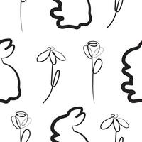 seamless pattern with simple icons of rabbits that washes with buds of various flowers in line art style, for logos or holiday designs vector