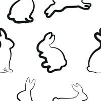 seamless pattern with set of rabbits in various poses drawn with black outline in line art style, for logos and holiday designs vector