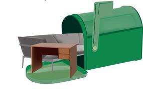 A green mailbox with a couch and a desk vector