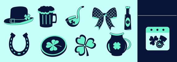 Saint Patrick themed icon set with leprechaun top hat, bow, horseshoe, beer, coin, pipe, lucky jug, shamrock, elixir bottle and calendar. vector