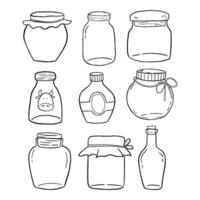 Collection of nine jars and bottles, each uniquely shaped and designed, some with labels and lids. The assortment showcases various styles and sizes, perfect for storing different items. vector