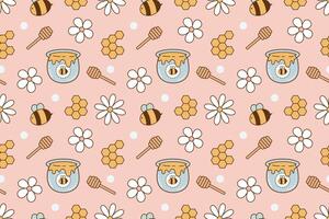 Honey jam with bees and flowers cute design seamless repeat pattern vector