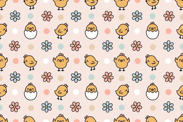 Cute baby chicken with flowers and pastel dots seamless repeat pattern