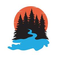 pine trees and river logo design with sunset background vector