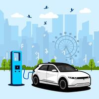 electric suv car vehicle on charging station with tree and city view background vector