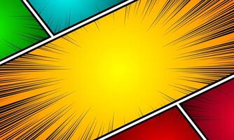 Comic book background in various colors with radial spiral effect, halftone. Pop-art style blank template vector