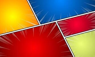 Comic book page template with colorful frames divided by lines with rays, radial, halftone effects, vector