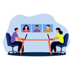 illustration of two people working remotely, attending an online meeting via conference. Digital teamwork concept with a modern, flat design in vibrant colors vector