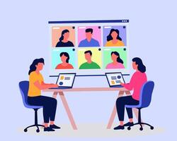 two women working on laptops during a conference call with multiple participants. Represents remote work, online meetings, virtual teamwork, telecommuting,communication, digital collaboration vector