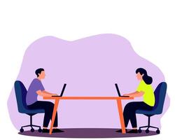 illustration of two professionals working on laptops at an office desk. Concept of productivity, workplace collaboration, and modern business in a minimal flat style vector