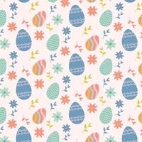 Easter eggs seamless pattern background with with colorful eggs, flowers, leaves. Spring holiday. Illustration. vector