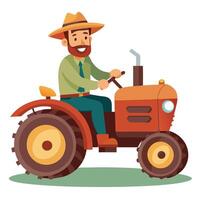 A Cheerful Farmer with a Beard and Mustache, Wearing a Straw Hat and Green Overalls, Driving a Red Tractor with Large Yellow Wheels, Surrounded by Greenery and a Blue Sky with Fluffy Clouds, Perfect vector