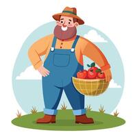 A Cheerful Farmer in a Brown Hat and Blue Overalls Holding a Basket of Red Apples with Green Leaves, Standing on a Small Patch of Grass with a Minimal White Background vector