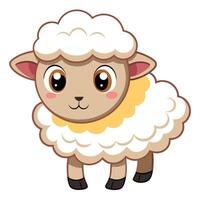 A Cheerful Cartoon Sheep with Stylized Wavy Wool, a Round Face, Big Wide Eyes, Pink Cheeks, and Dark Hooves, Standing Straight with a Friendly Smile Against a Simple White Background vector