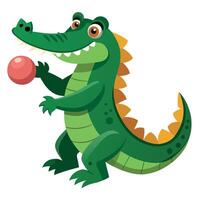 A Friendly Crocodile Enjoying Playtime A Vivid Cartoon of a Grinning Alligator with a Red Ball in Its Hand, Displaying Its Sharp Teeth and Scales vector