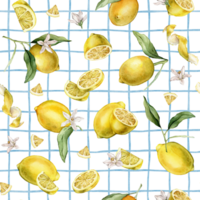 Seamless pattern with watercolor illustration of slice and whole lemon, peel Lemon on isolated light blue checkered background. Repeat ornament Hand painted lemon branch with leaf and white flowers. png