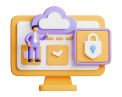 A 3D illustration of a cloud and security on a computer screen. png