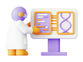 Cartoon scientist analyzing data on a digital display. png