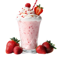 Strawberry milkshake with whipped cream and fresh strawberries on transparent background png