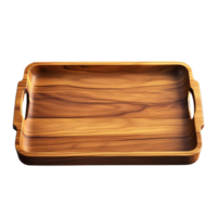 Wooden serving tray with handles, rectangular shape, isolated on transparent background png