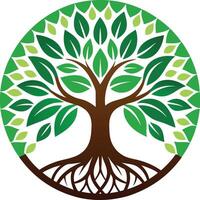 Stylized Tree of Life Circular Design Green Leaves Brown Trunk Roots Symmetrical Pattern Organic Nature Symbol vector