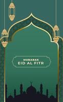 Eid al fitr greeting card with mosque and lanterns vector