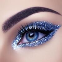 Close-up of blue eye with glitter makeup photo