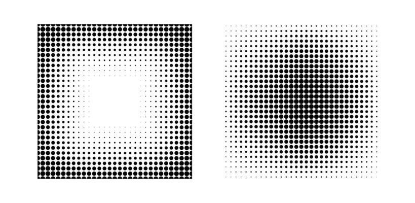 Set of Black dots halftone in Square frame, element.